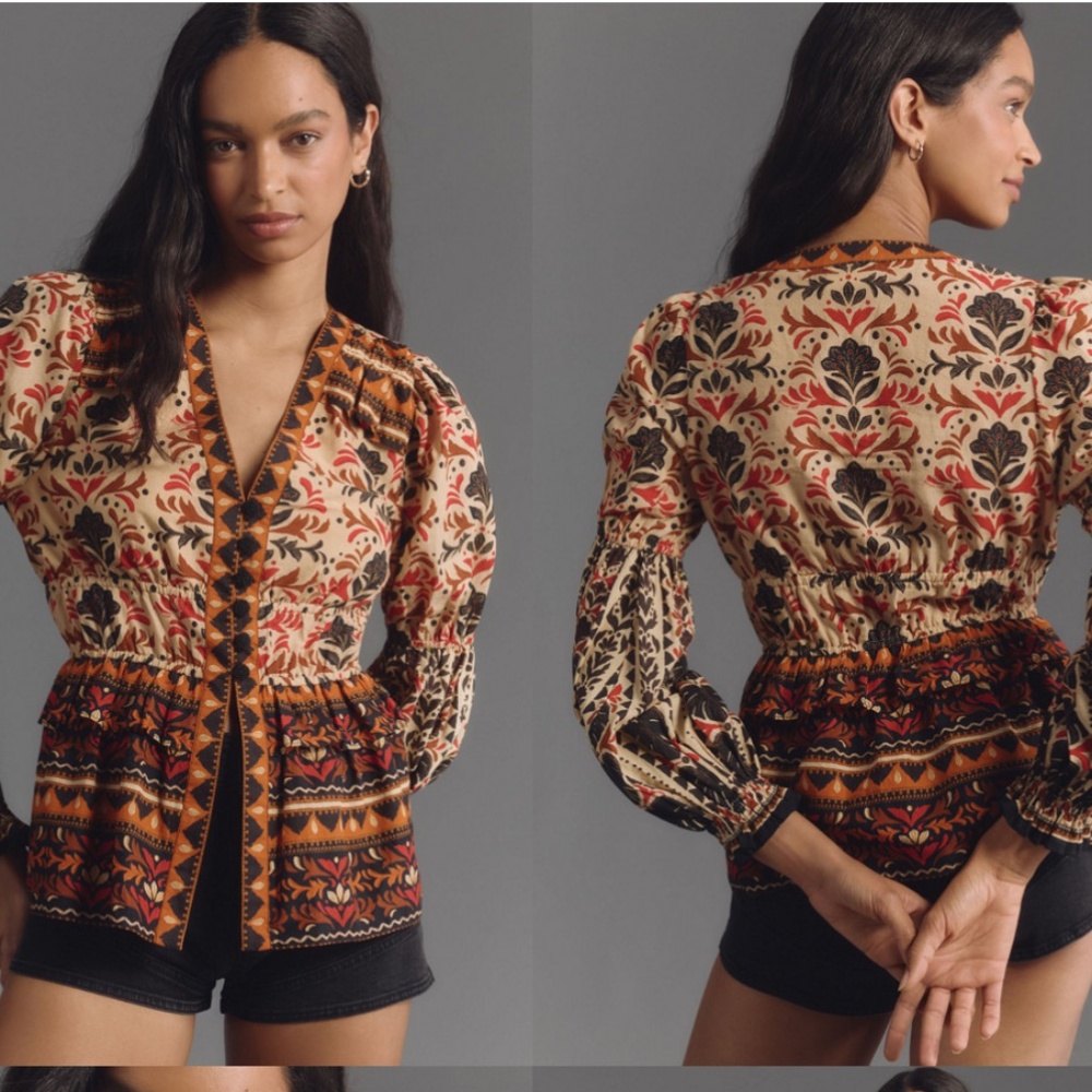 NWT ANTHROPOLOGIE X FARM RIO Long-Sleeve V-Neck Printed Blouse